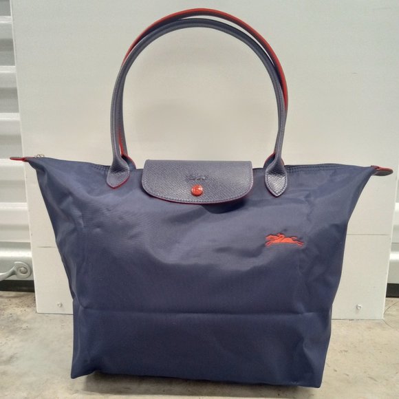 LONGCHAMP Le Pliage Shopping Déposé Large Navy Blue Embroidered Red Trim Bag - Picture 1 of 16
